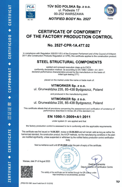 certyfikat uzyskany przez firme vitworker pozwalający na spawanie konkretnych konstrukcji stalowych