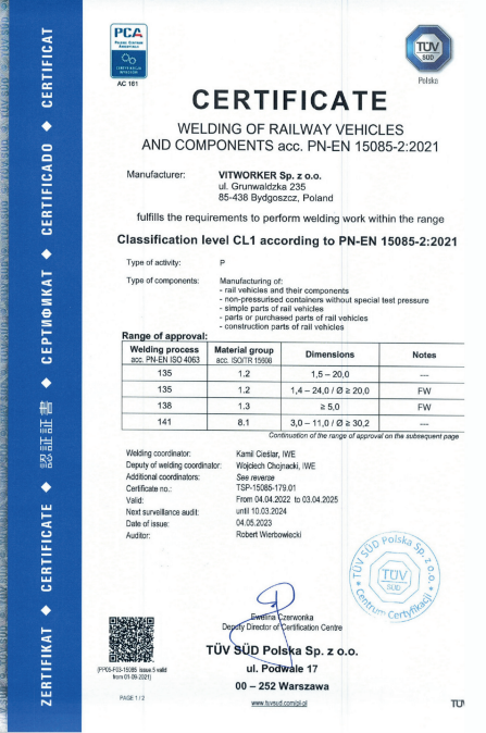 certyfikat uzyskany przez firme vitworker pozwalający na spawanie konkretnych konstrukcji stalowych