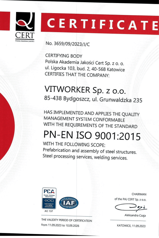 certyfikat pozwalający na tworzenie konstrukcji stalowych uzyskany przez firme vitworker